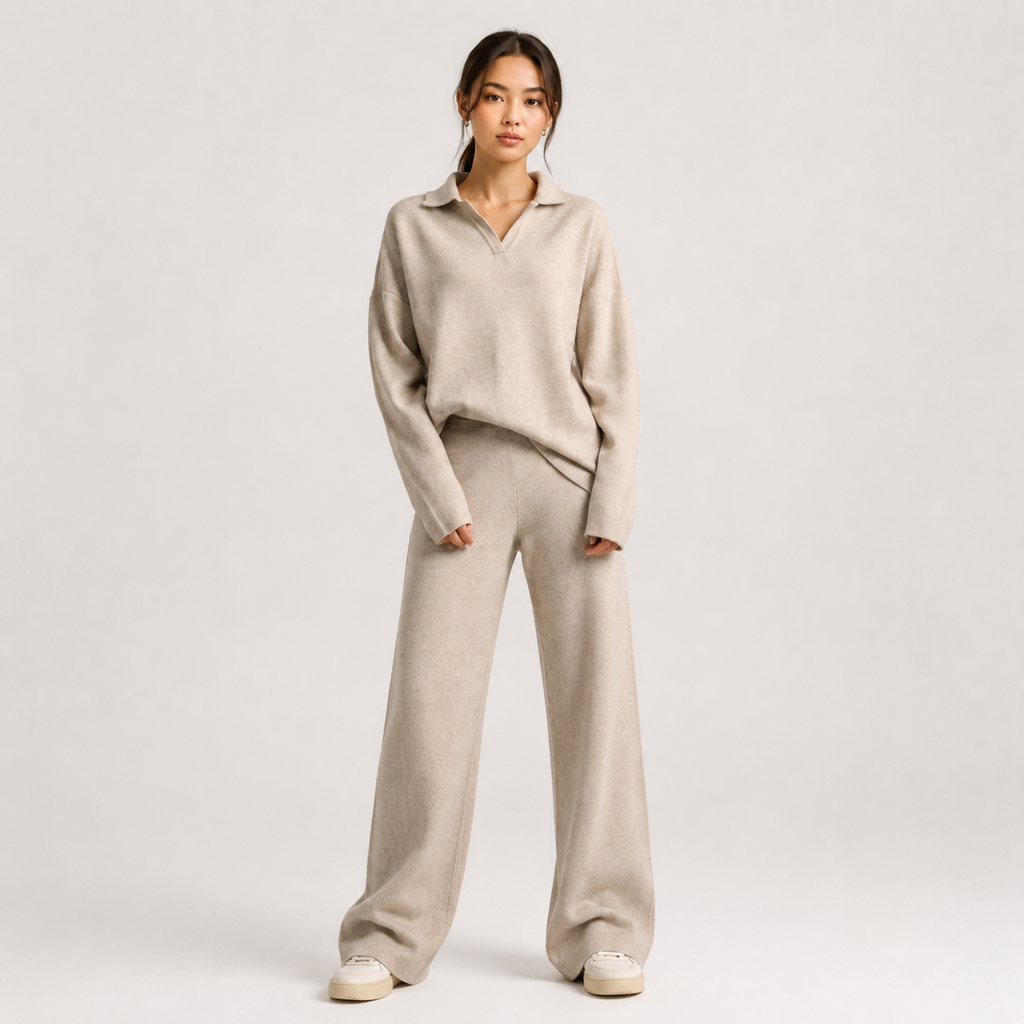 Ensemble deux pièces classique pour femme : polo et pantalon à jambes larges 4