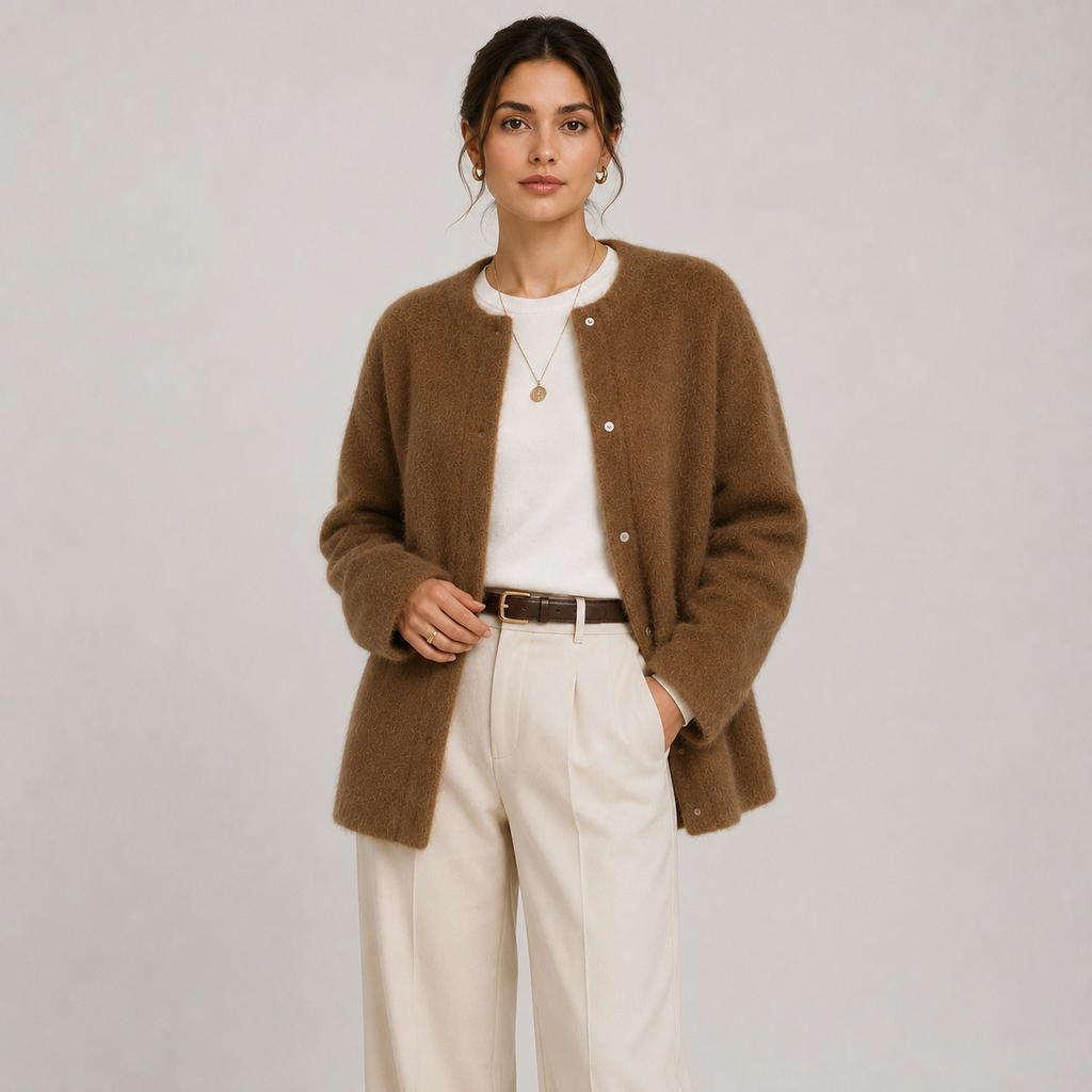 Gilet classique en maille pour femme, style raffiné et chaleureux, inspiré du patrimoine. 0
