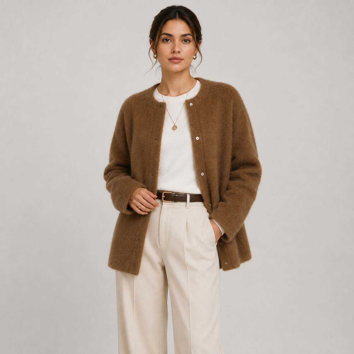 Gilet classique en maille pour femme, style raffiné et chaleureux, inspiré du patrimoine. 0