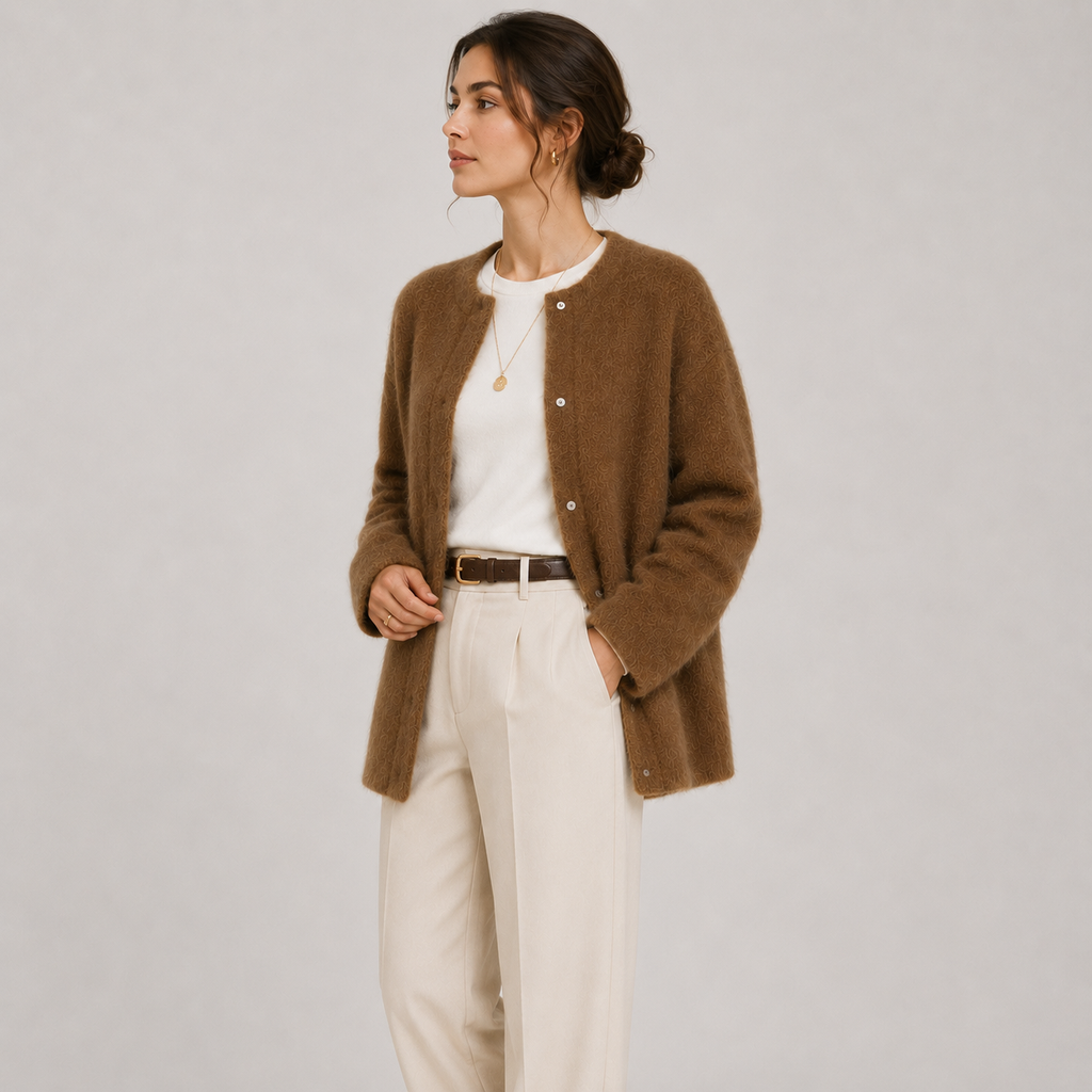Gilet classique en maille pour femme, style raffiné et chaleureux, inspiré du patrimoine. 1