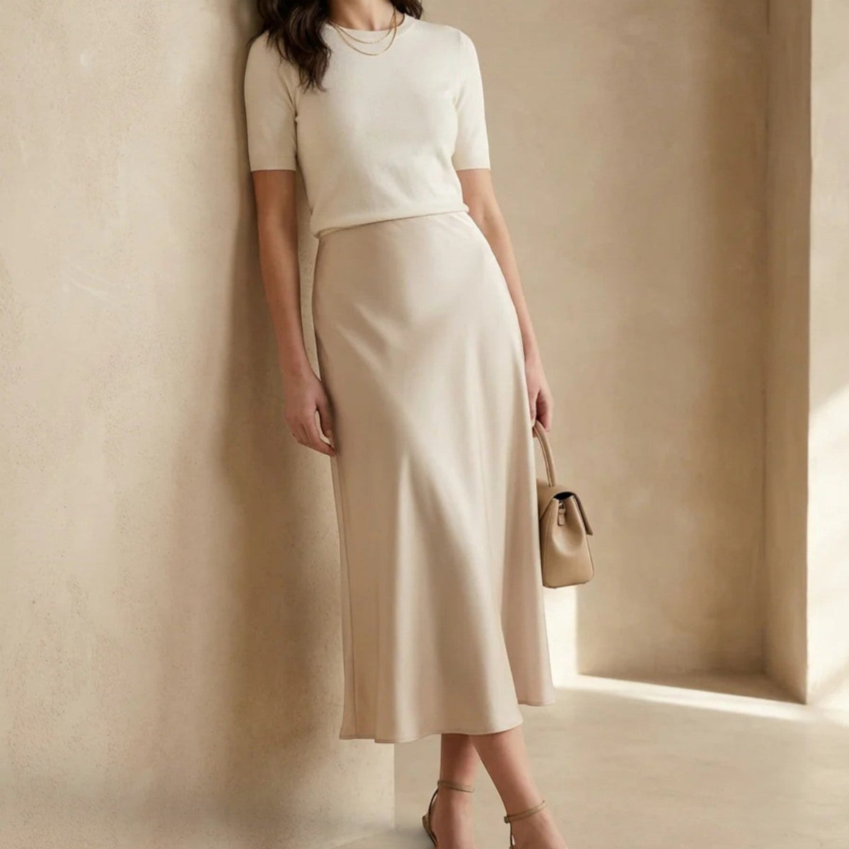 Jupe midi en soie taille haute pour femme 0