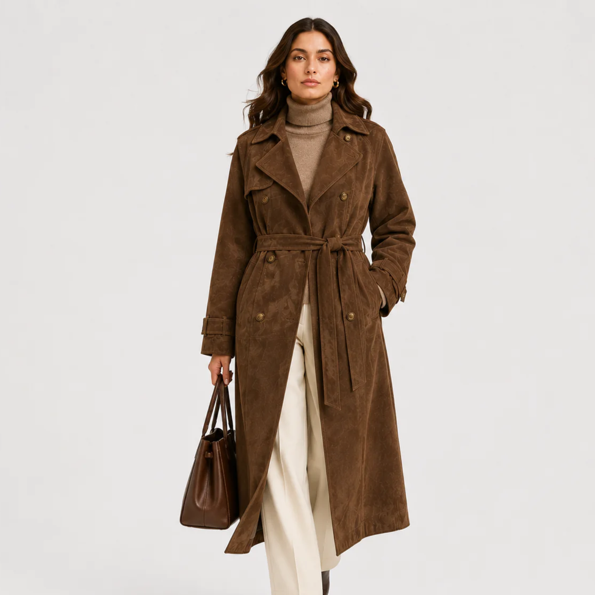 Manteau croisé en daim pour femme, style intemporel avec ceinture. 0