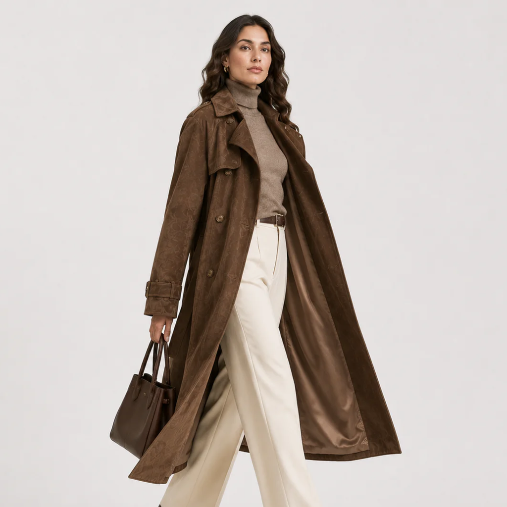 Manteau croisé en daim pour femme, style intemporel avec ceinture. 1