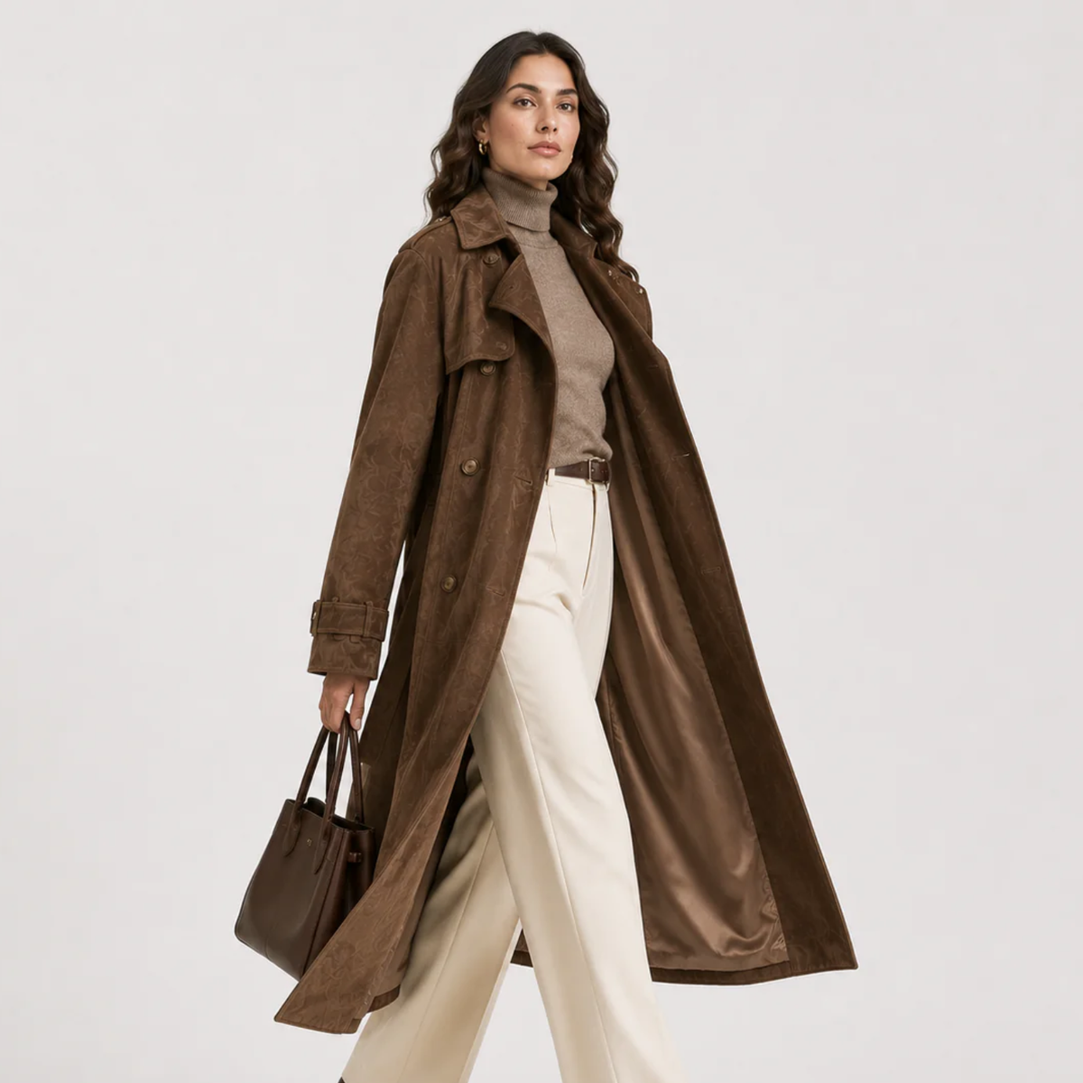 Manteau croisé en daim pour femme, style intemporel avec ceinture. 1