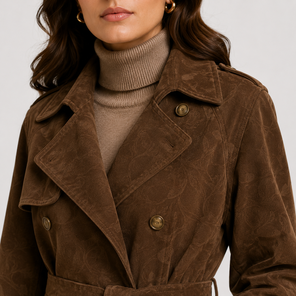 Manteau croisé en daim pour femme, style intemporel avec ceinture. 2