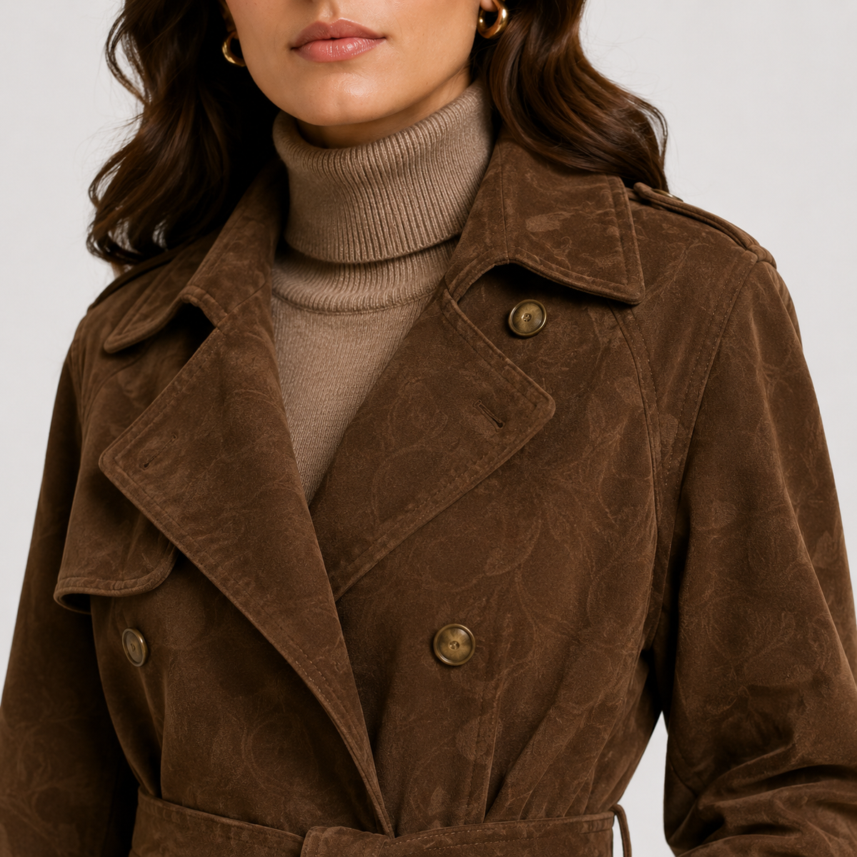Manteau croisé en daim pour femme, style intemporel avec ceinture. 2