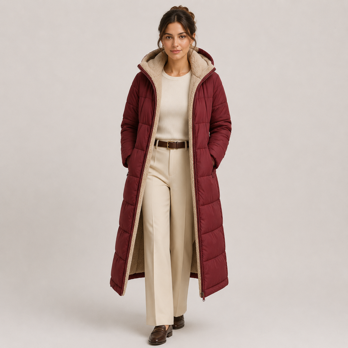 Manteau d'hiver long et chaud à capuche pour femme avec doublure en peluche 6