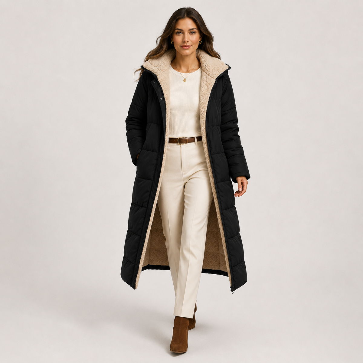 Manteau d'hiver long et chaud à capuche pour femme avec doublure en peluche 9