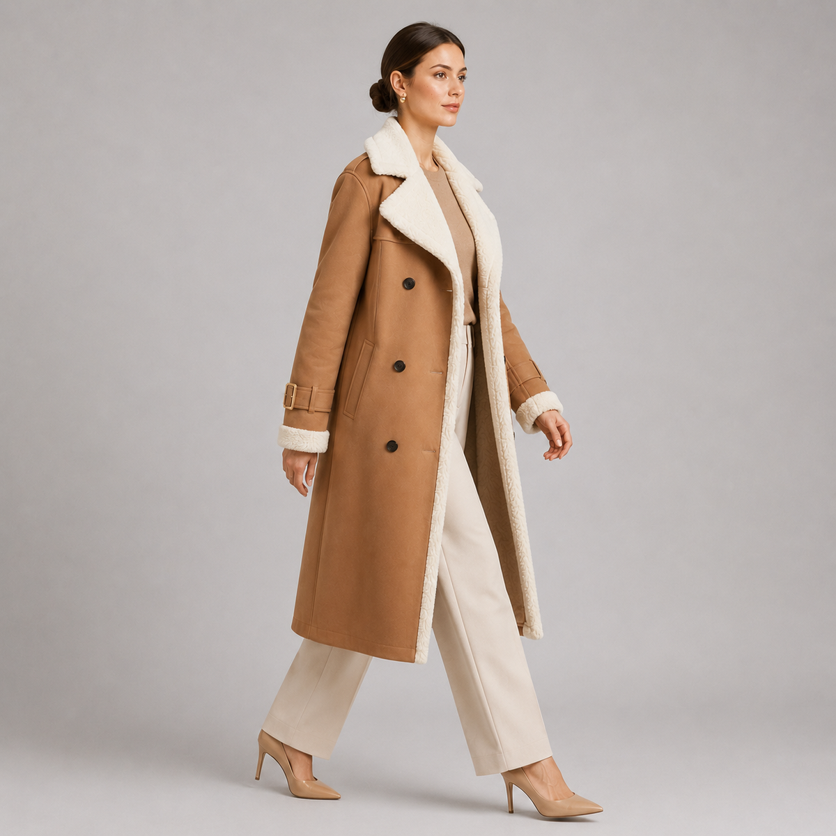 Manteau long d'hiver élégant à col à revers classique pour femme 1