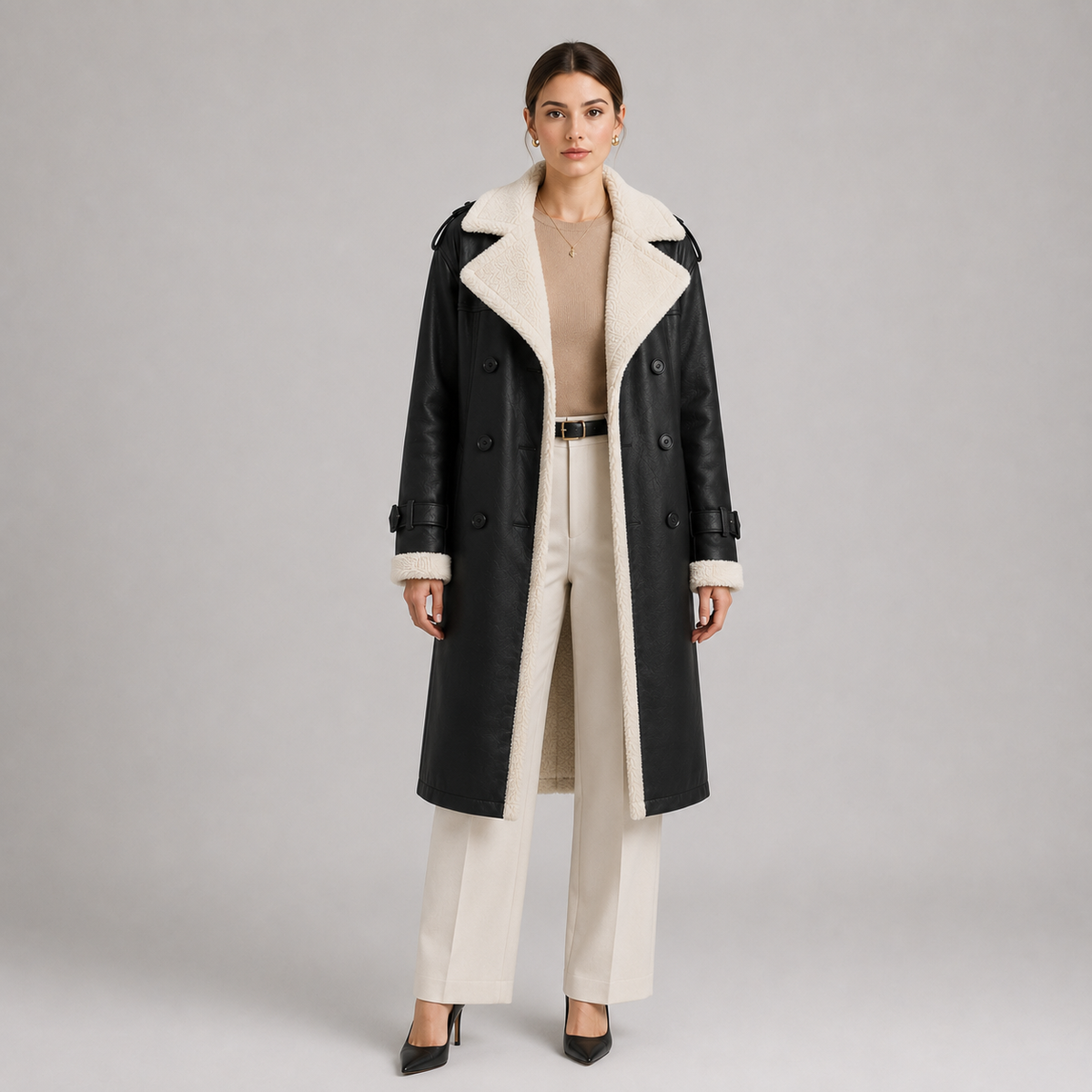 Manteau long d'hiver élégant à col à revers classique pour femme 4