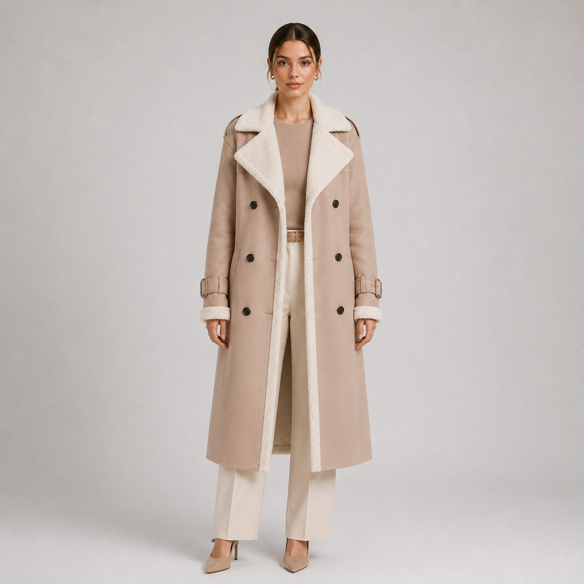 Manteau long d'hiver élégant à col à revers classique pour femme 5