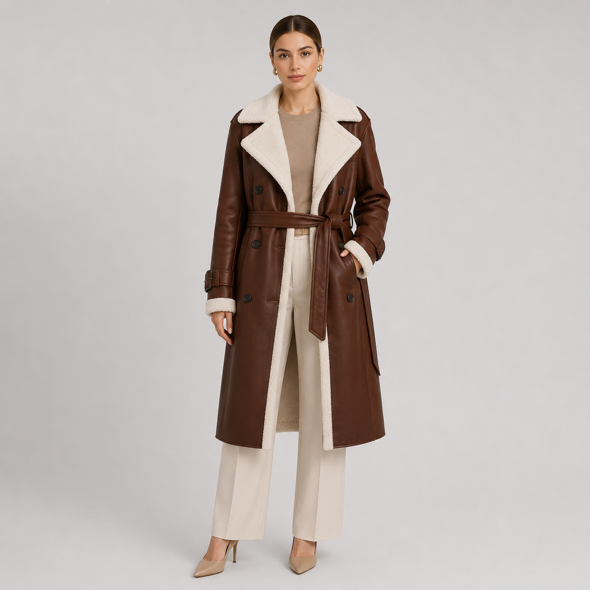Manteau long d'hiver élégant à col à revers classique pour femme 6