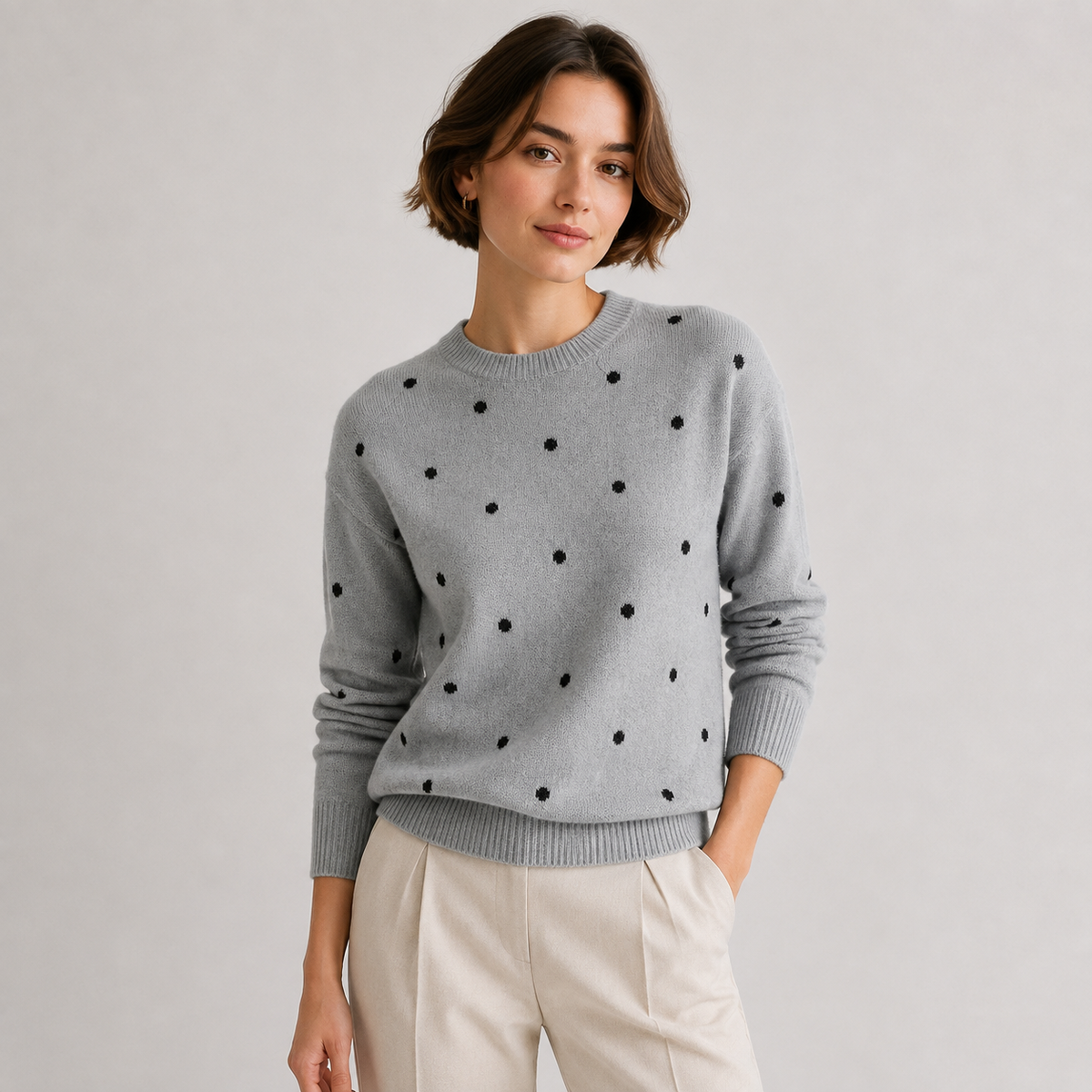 Pull à pois pour femme, en maille légère et décontractée, col rond 0