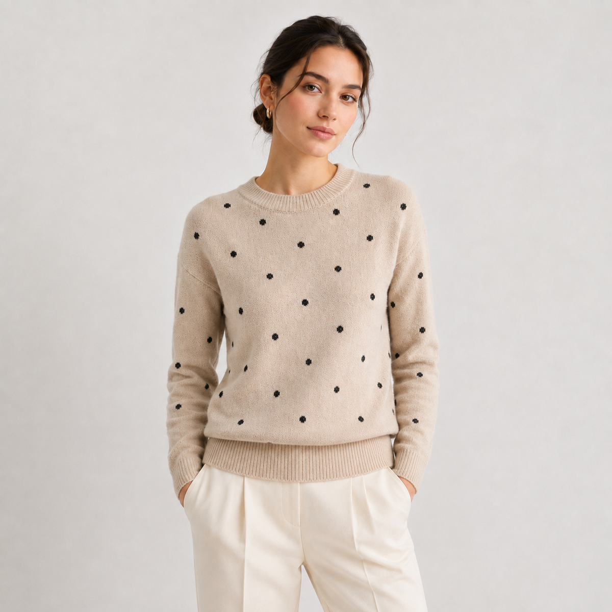 Pull à pois pour femme, en maille légère et décontractée, col rond 4