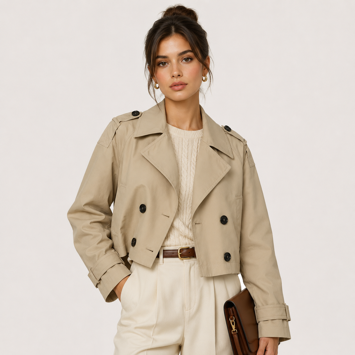 Trench-coat court pour femme, croisé, vêtement d'extérieur classique 0
