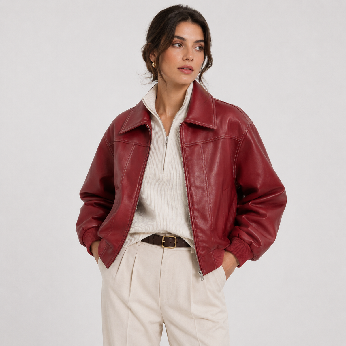 Veste en similicuir pour femme, rouge intemporel, silhouette classique 0