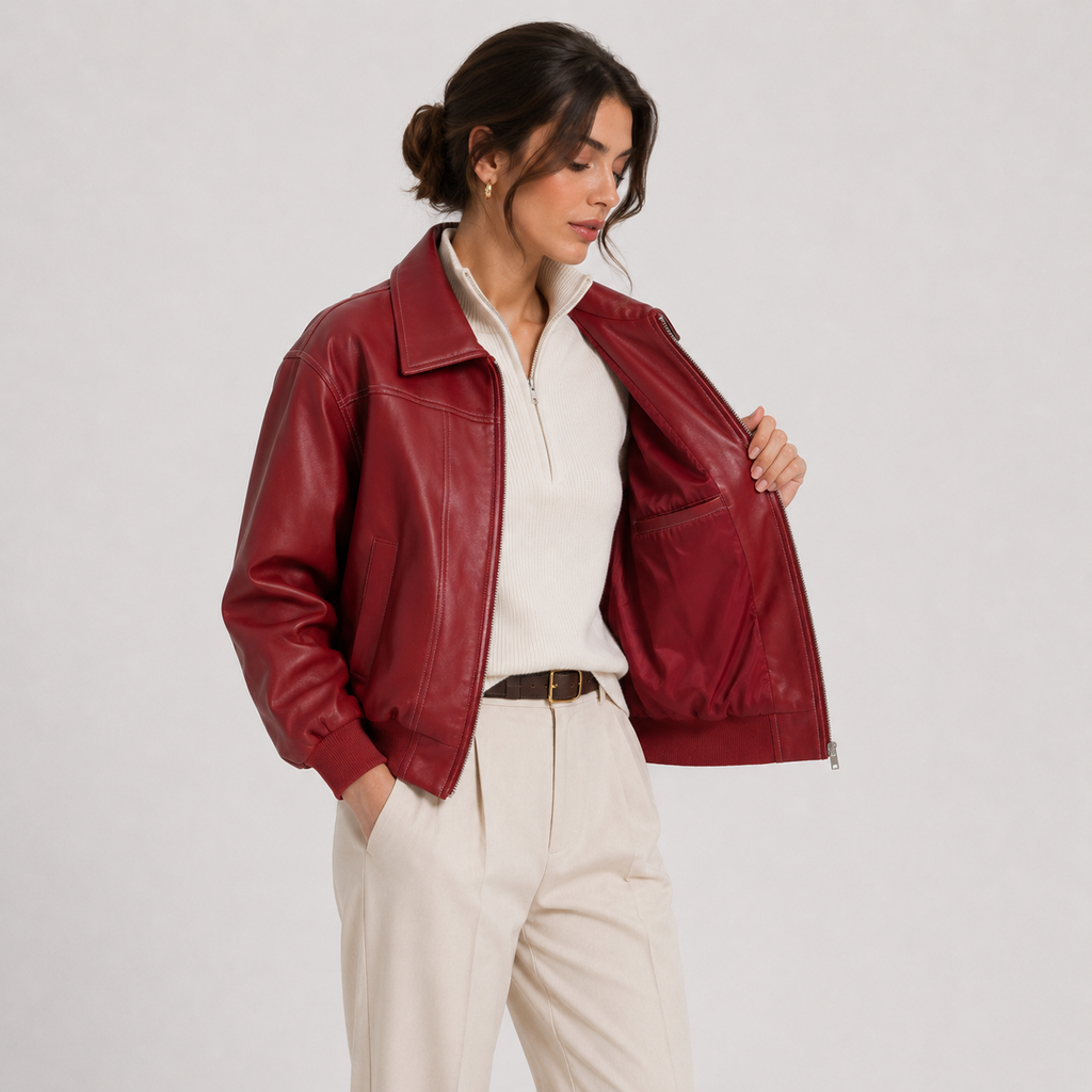 Veste en similicuir pour femme, rouge intemporel, silhouette classique 1