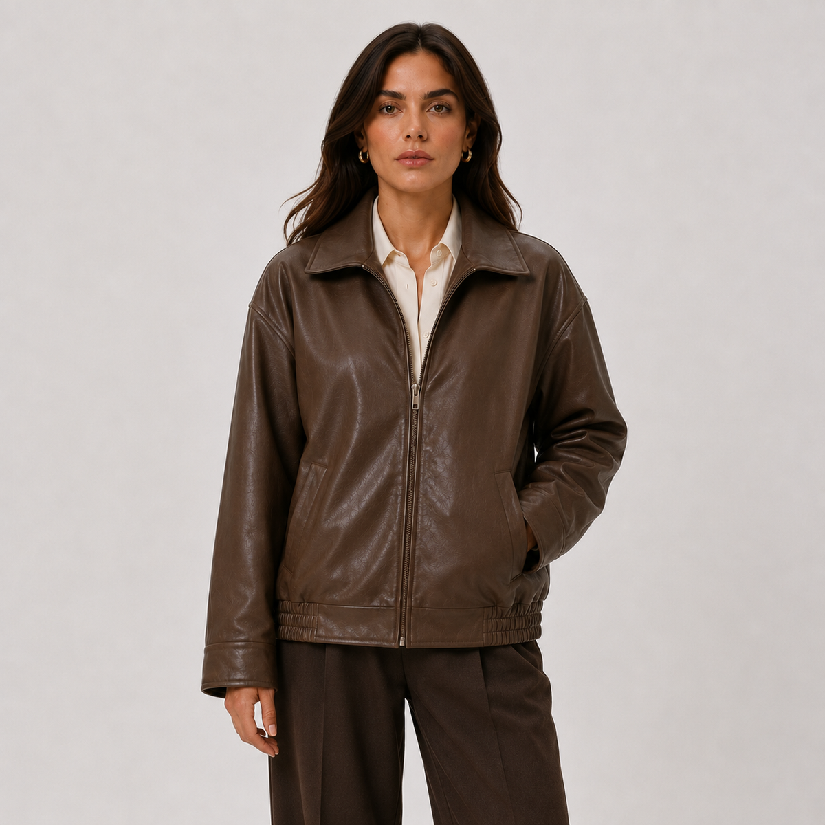 Veste femme coupe décontractée aspect cuir avec col classique 0