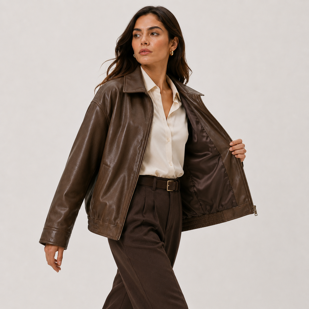 Veste femme coupe décontractée aspect cuir avec col classique 1