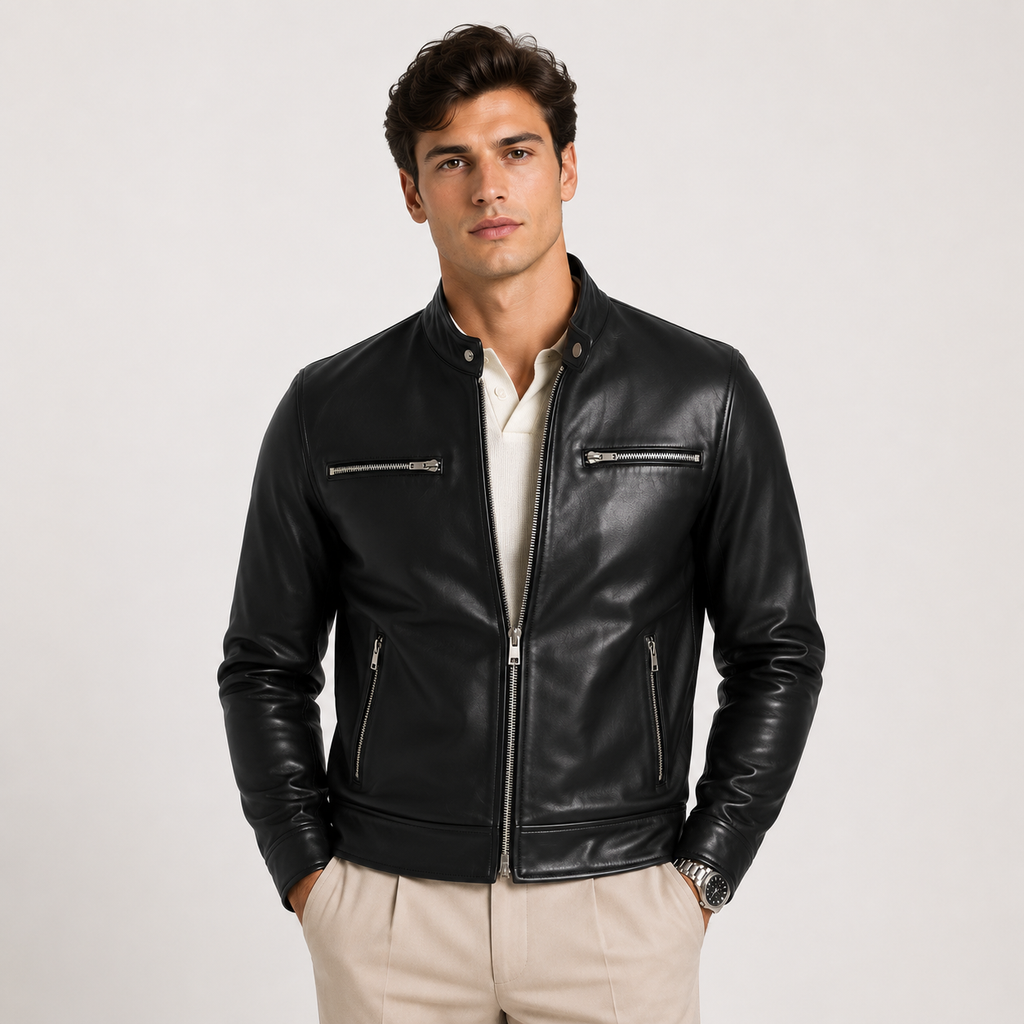 Veste homme aspect cuir, fermeture éclair classique, vêtement d'extérieur léger et décontracté 0