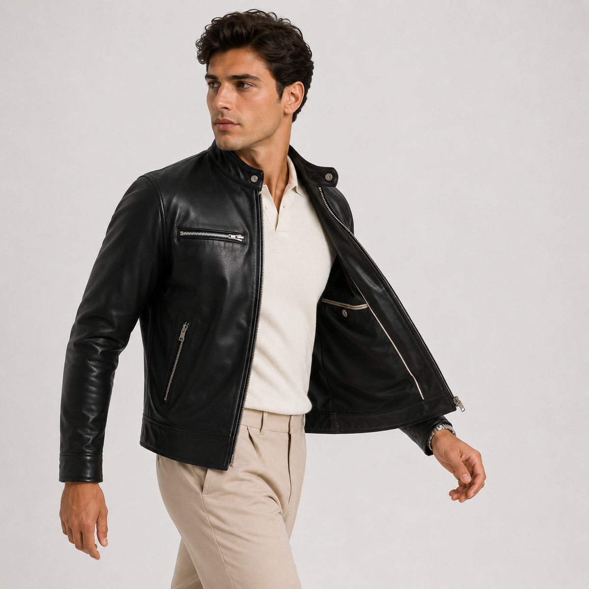 Veste homme aspect cuir, fermeture éclair classique, vêtement d'extérieur léger et décontracté 1