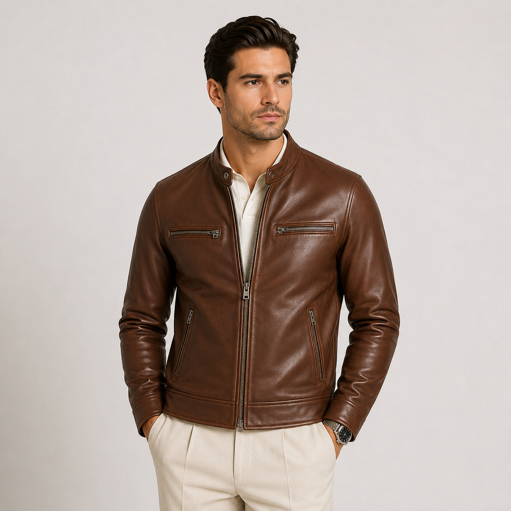 Veste homme aspect cuir, fermeture éclair classique, vêtement d'extérieur léger et décontracté 4