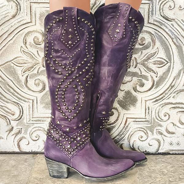 Santiags Bastille violettes, clous métalliques et talon bloc – Belloures