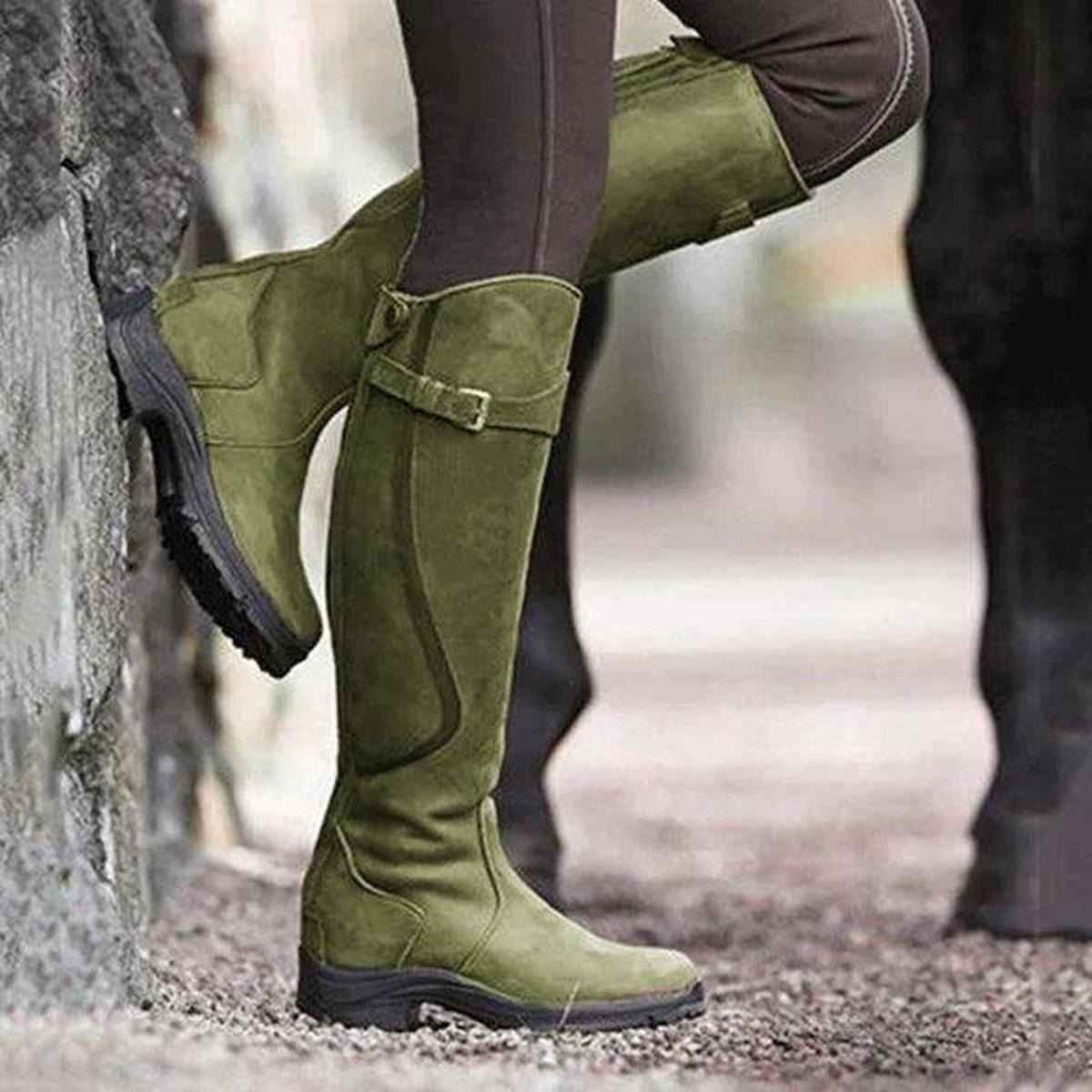 Bottes cavalières Chantilly vertes, tige haute et sangles réglables au mollet – Belloures