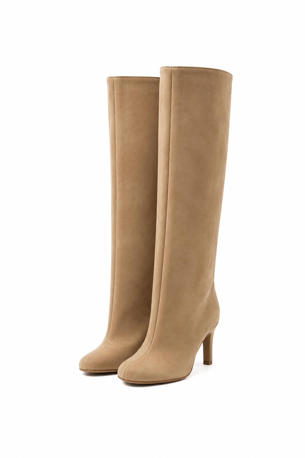 Bottes hautes Odéon en suédine beige à talon fin, tige jusqu'au genou – Belloures